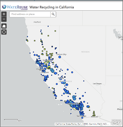 Screenshot of WateReuse California's map that visualizes all recycled water in California